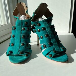 L’Attitude Femme Teal Strappy Studded Suede Heels 37